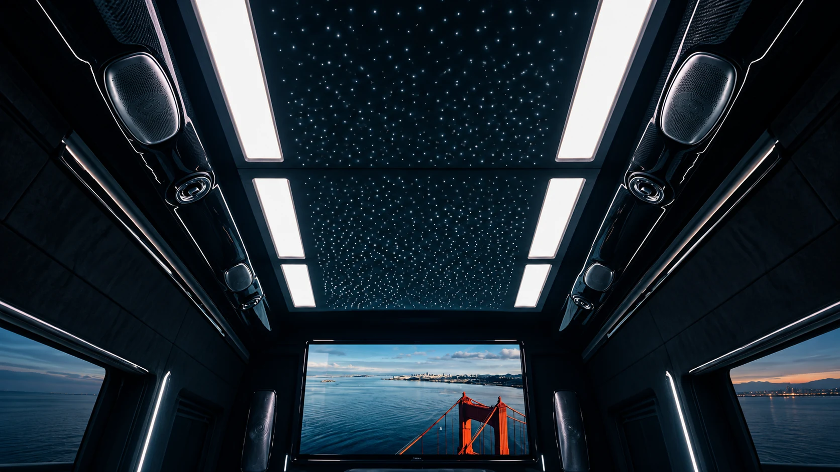 Dark interior with a fiber-optic starlight ceiling and a large screen