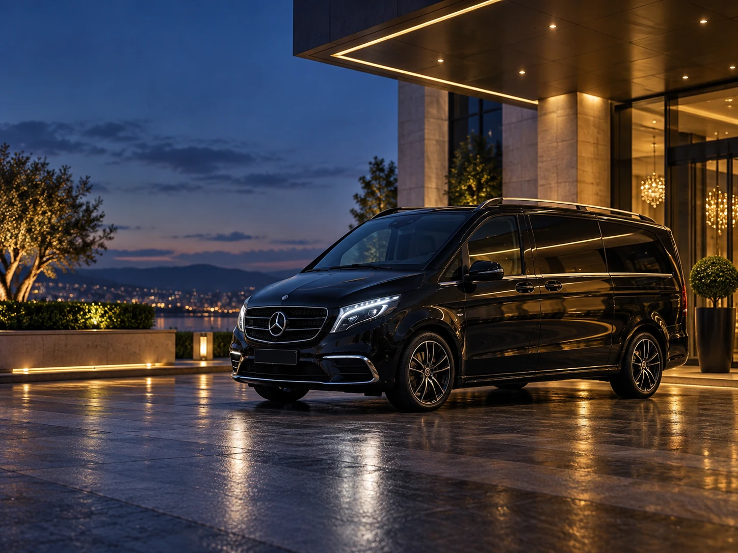 Black Mercedes V-Class outside an illuminated modern venue at night