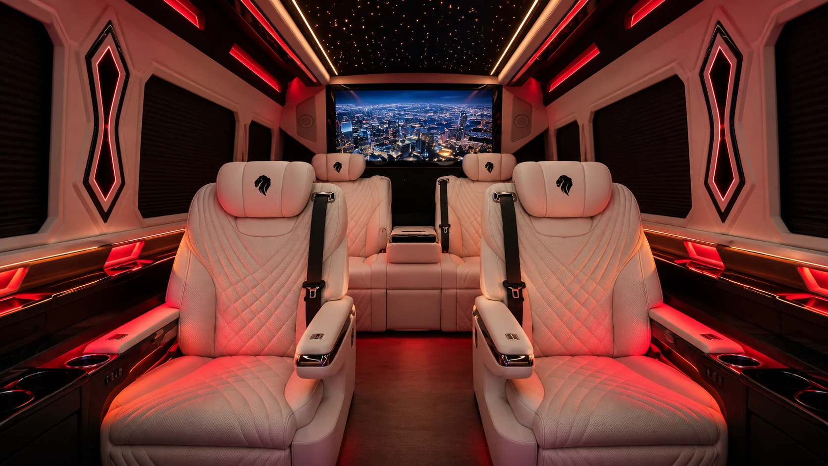 White captain seats, a starlight roof and red ambient lighting